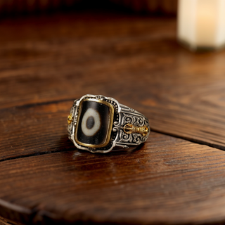 Tibetan Traditional Ring with Dzi Beads (Square)