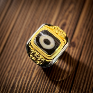 Tibetan Traditional Dzi Bead Ring with Pixiu Carving