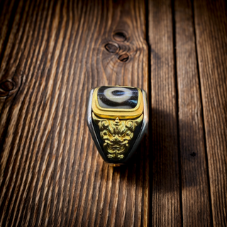 Tibetan Traditional Dzi Bead Ring with Pixiu Carving