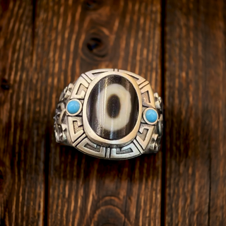 Tibetan Traditional Dzi Bead Ring with Chalchite