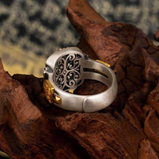 Tibetan Traditional Dzi Bead Ring (Carved)