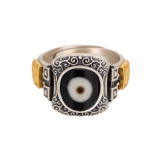 Tibetan Traditional Dzi Bead Ring (Carved)