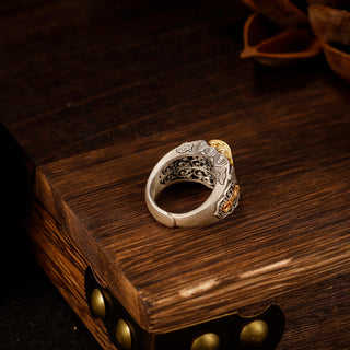 Tibetan Traditional Ring with Dzi Beads (Square)