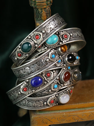 Tibetan Traditional Sliver Bracelet with Turquoise