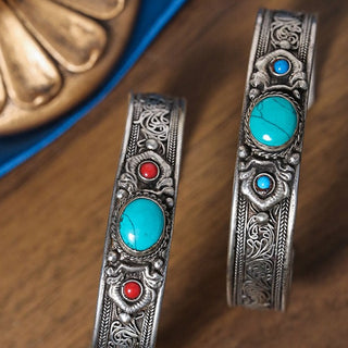 Tibetan Traditional Sliver Bracelet with Turquoise